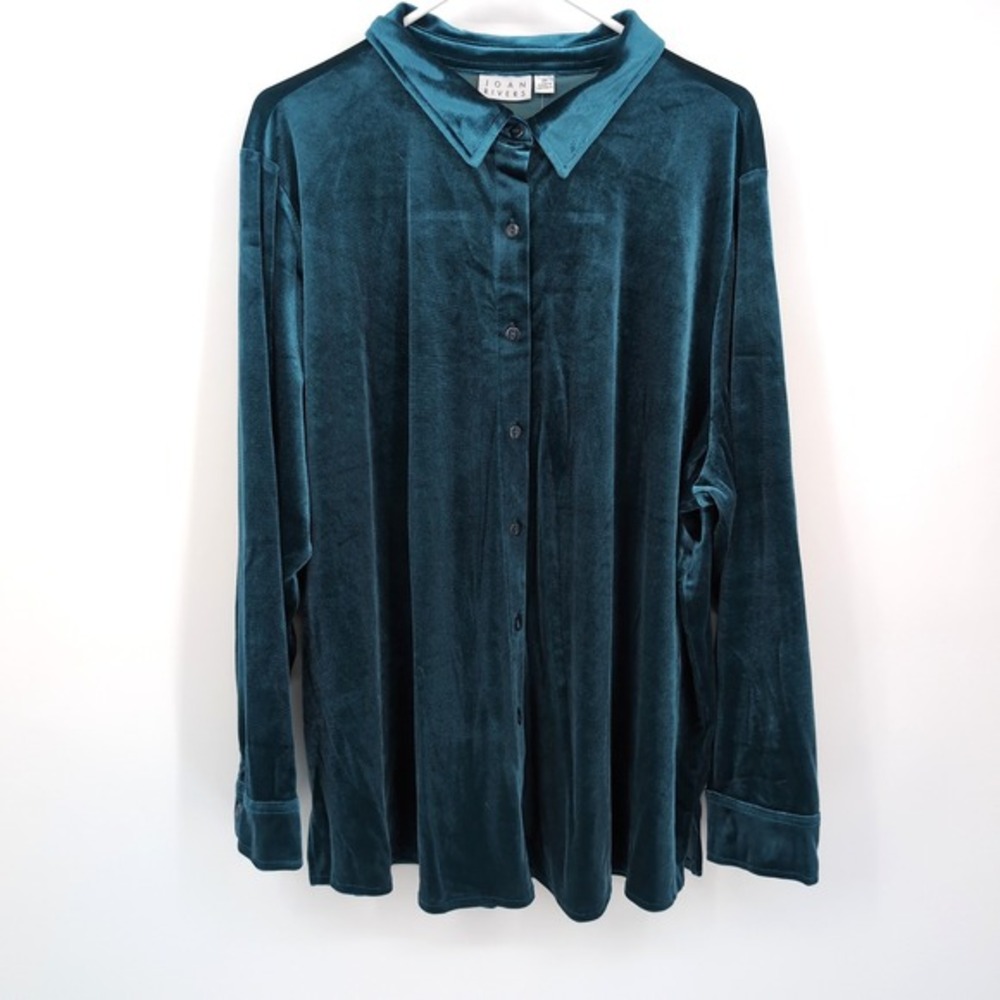 Joan Rivers Button Front‎ Shirt Dark Sea Stretch Velvet Womens 2X